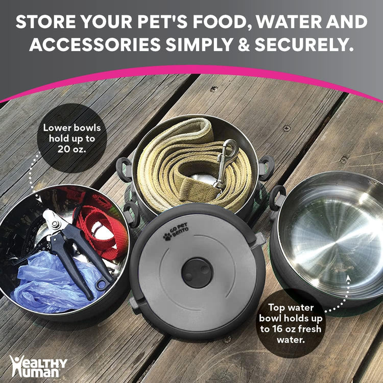 Healthy Human Travel Pet Bento Bowls - Human-Grade Stainless Steel & BPA-Free, Leak-Proof Water & Food Container Set for Dogs & Cats, 4-Pack Interlocking Bowls, Includes Spare Clips & Handle (Pink)