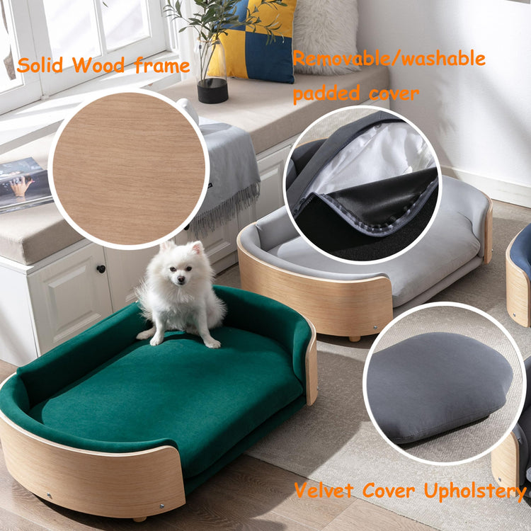 Elevated Dog Bed Pet Sofa with Solid Wood Legs and Bent Soft Backrest, Pet Cat Stool Bed with Velvet Cushion,for Small and Medium Size Dogs Kitten, Dark Gray, Small Size