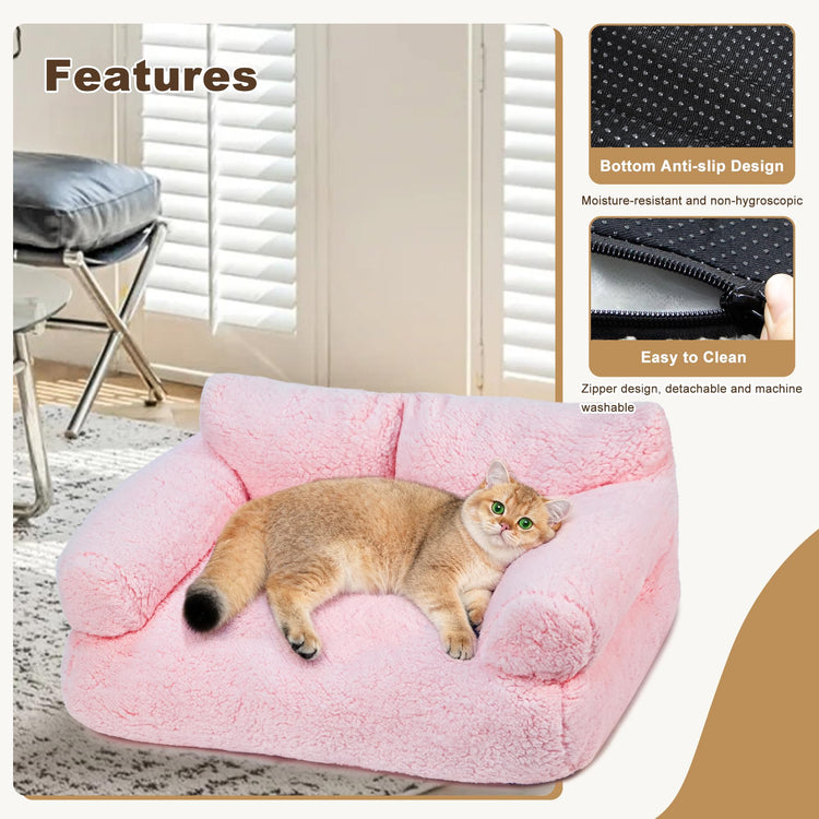 Large Cat Beds for Indoor Cats, Dog Couch Bed, Cute Cat Couch Sofas for Less 20lbs Kitten Puppy, Small Dog Sofas & Chairs with Removable Washable Cover, Soft Warm Pet Furniture, Cream