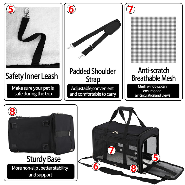 Soft Sided Cat/Dog Carrier,Collapsible Pets Travel Carriers for Pet/Puppy with Shoulder Strap & Removable Mat,Mesh Top Load Small Dogs/Cats Carry Bag Up to 17 Lbs TSA Airline Approved（Black,M）