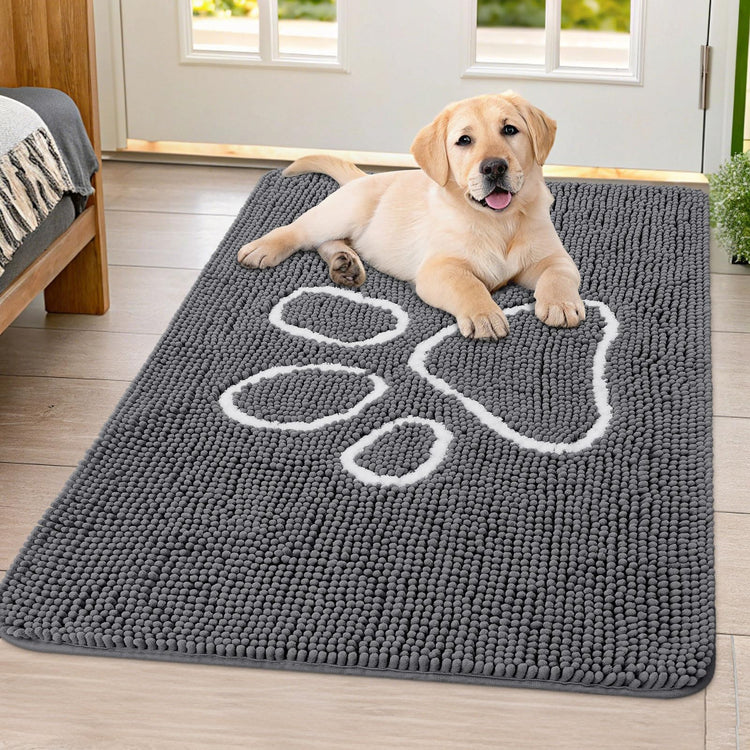 Smiry Dog Door Mat for Muddy Paws, Absorbent Dirt Trapper Non Slip Quick Dry Washable Chenille Mat for Mud Dogs, Entry Rug for Indoor and Outdoor (30x20 Inches, Grey and Black)