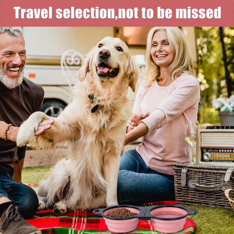 SLSON Collapsible Dog Dual Bowls Reinforced Rim 180 Degrees Flip Over Foldable Double Bowl with Lock Clips More Stable Dog Travel Bowls Pet Food Water Feeder (Light Pink)