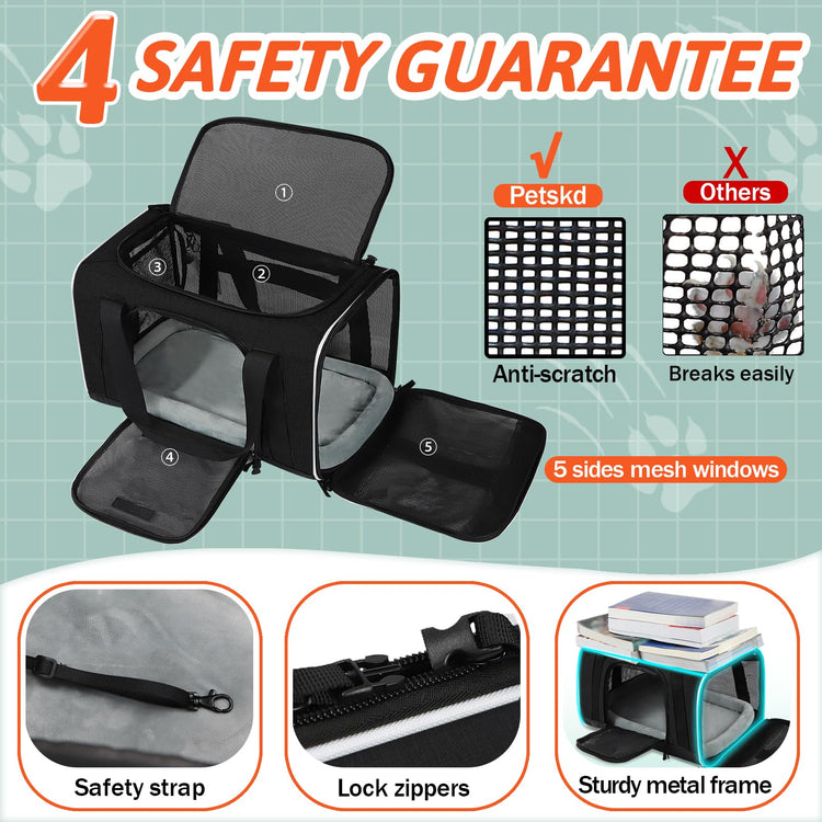 Petskd Pet Carrier 17x11x9.5 Alaska Airline Approved,Pet Travel Carrier Bag for Small Cats and Dogs, Soft Dog Carrier for 1-10 LBS Pets,Dog Cat Carrier with Safety Lock Zipper(Black)