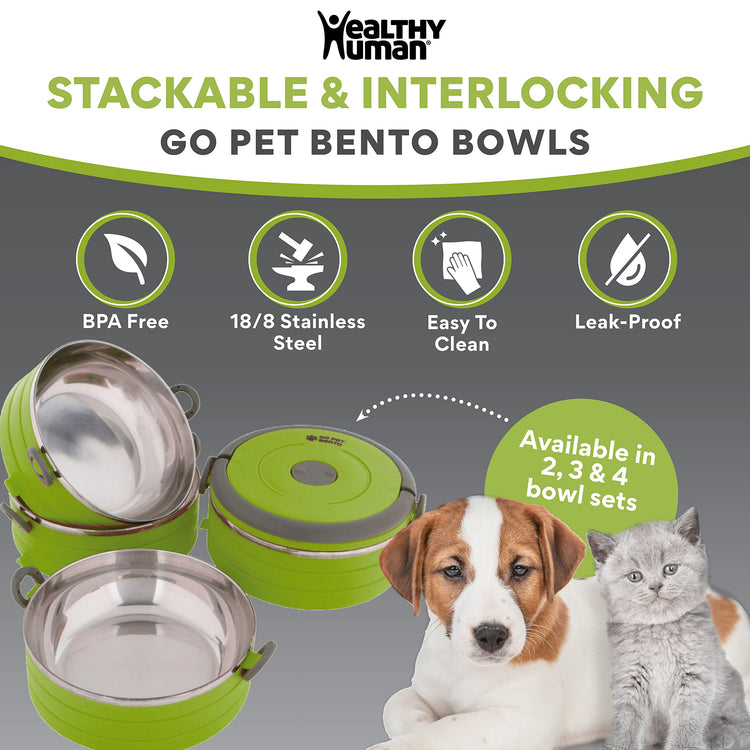 Healthy Human Travel Pet Bento Bowls - Human-Grade Stainless Steel & BPA-Free, Leak-Proof Water & Food Container Set for Dogs & Cats, 4-Pack Interlocking Bowls, Includes Spare Clips & Handle (Pink)