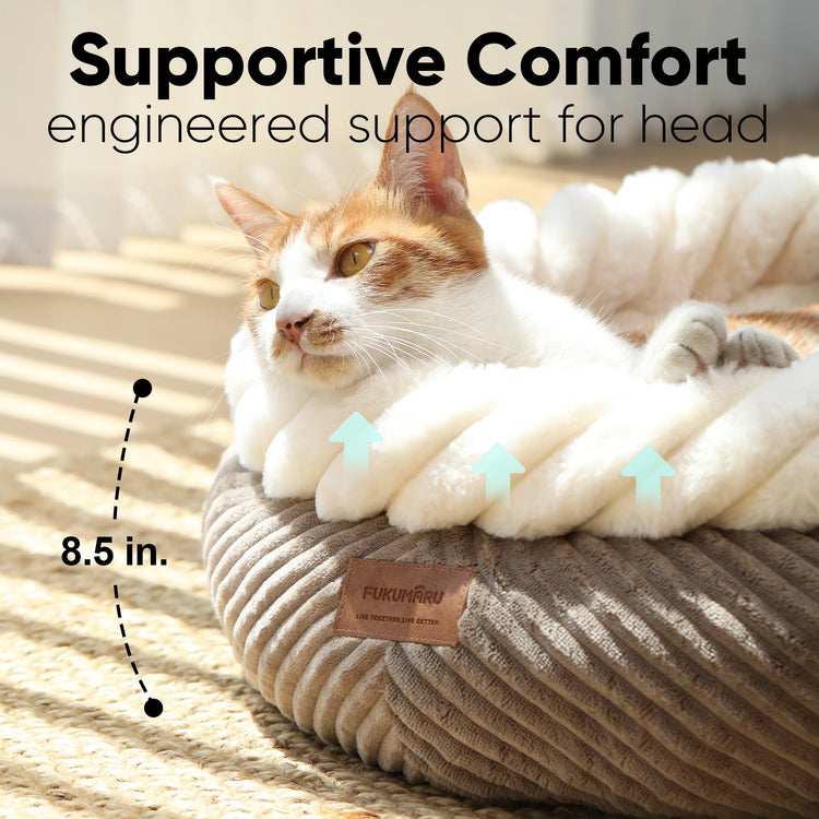 FUKUMARU Cat Bed, Calming Donut Dog Beds, Plush Faux Fur&Corduroy Kitten Beds, Cute Round Washable Pet Bed for Large Cats and Puppy, Cat Cave with Anti-Slip Bottom, 21inch, Camel
