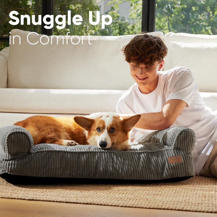 FUKUMARU Dog Couch Bed, Corduroy Cozy Cat Bed for Indoor Cats with Washable Cover, 28in Waterproof Orthopedic Dog Beds Sofa for Small Dogs and Large Cats, Cute Warm Cotton Pet Sofa, Green