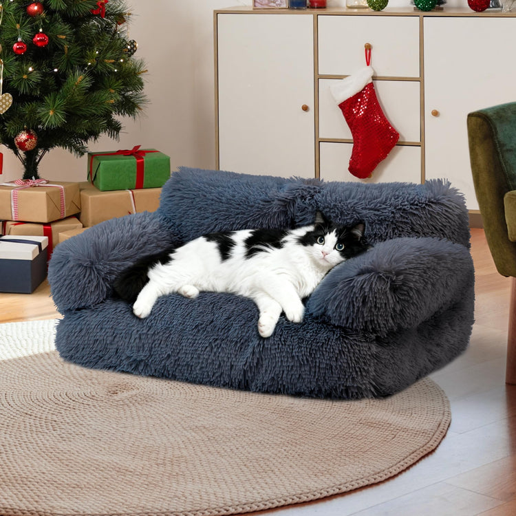 Large Cat Beds for Indoor Cats, Dog Couch Bed, Cute Cat Couch Sofas for Less 20lbs Kitten Puppy, Small Dog Sofas & Chairs with Removable Washable Cover, Soft Warm Pet Furniture, Cream