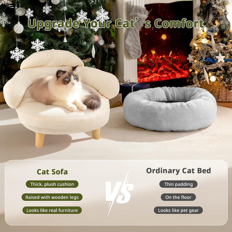 Cat Sofa Furniture-Style Pet Bed with Removable Cotton Velvet Cover, Solid Pine Wood Legs, for Cats and Small Dogs, White