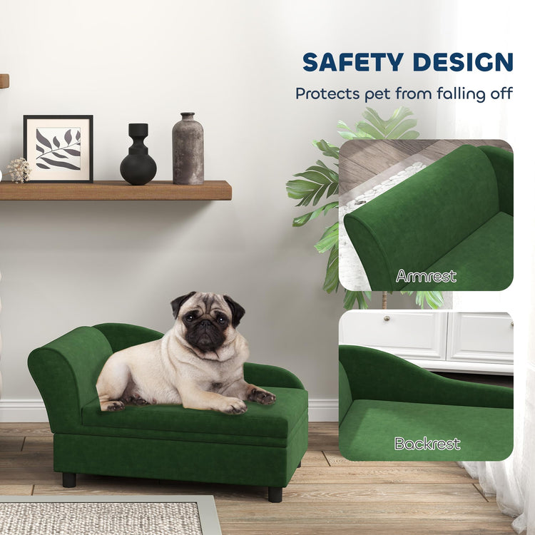 PawHut Luxury Fancy Dog Couch with Hidden Storage, Small Dog Sofa Bed with 2" Soft Foam, Modern Pet Furniture for Puppies & Little Breeds, Green