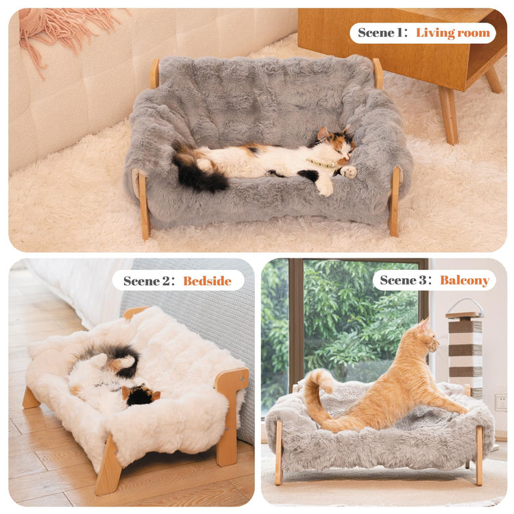 CHEERHOME PETS Elevated Cat Couch Bed for Indoor Cats, Wooden Cat Sofa with Removable Washable Fluffy Cover Raised Kitty Lounge Chair Suitable for Puppy(Cat Sofa Off-White)