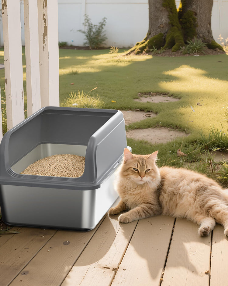 Powools Stainless Steel Cat Litter Box, Metal Litter Box with Scoop, High- Sided, Anti-Leakage Top Entry, Non-Sticky, Easy to Clean, Grey, M (1 Pack)