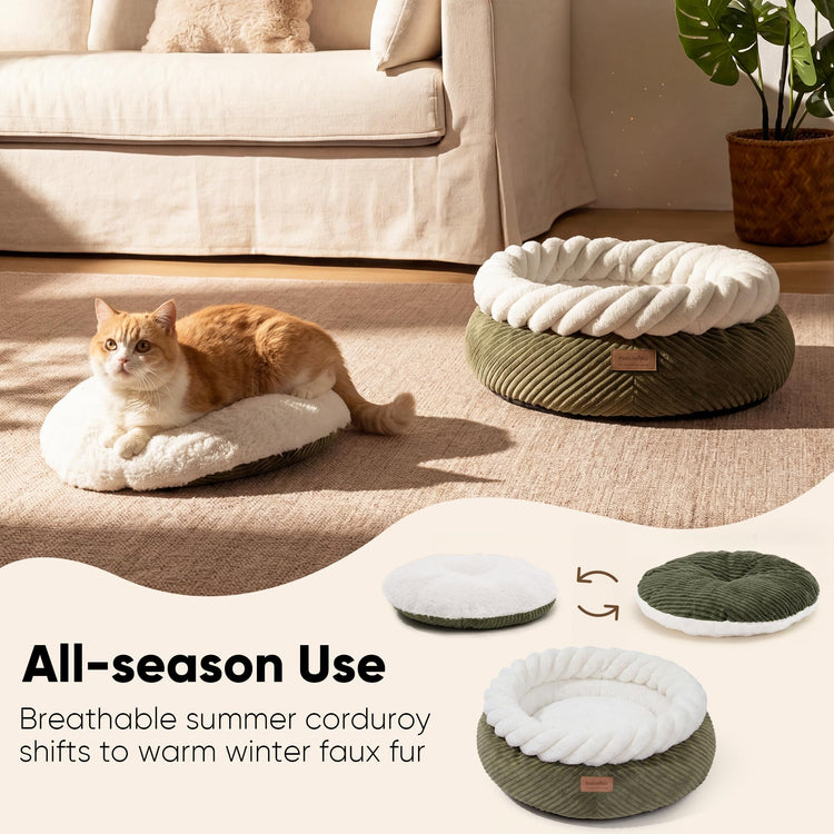 FUKUMARU Cat Bed, Calming Donut Dog Beds, Plush Faux Fur&Corduroy Kitten Beds, Cute Round Washable Pet Bed for Large Cats and Puppy, Cat Cave with Anti-Slip Bottom, 21inch, Camel