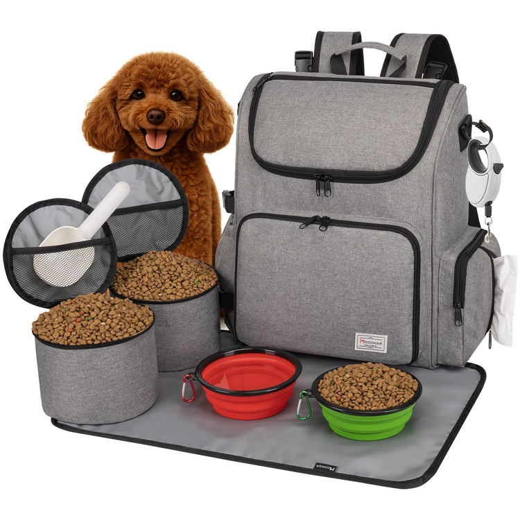 Modoker Dog Travel Bag Backpack, Airline Approved Pet Accessories Organizer for Dog and Cat with Shoulder Strap, 2 Dog Food Storage Containers, 2 Collapsible Dog Bowls,1 Pet Mat, Grey