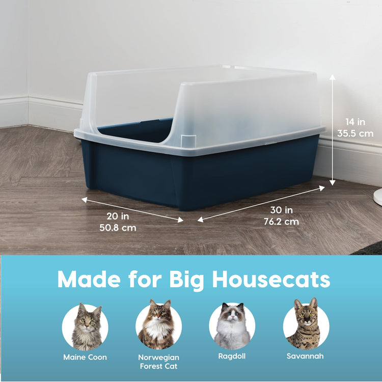 IRIS USA Cat Litter Box XX-Large Open Top with High Sided Walls Tall Scatter Shield Scoop Included Easy Clean Plastic Pan for Big Cats Kittens Multi-Cat Households 30"L x 20"W x 14"H Navy