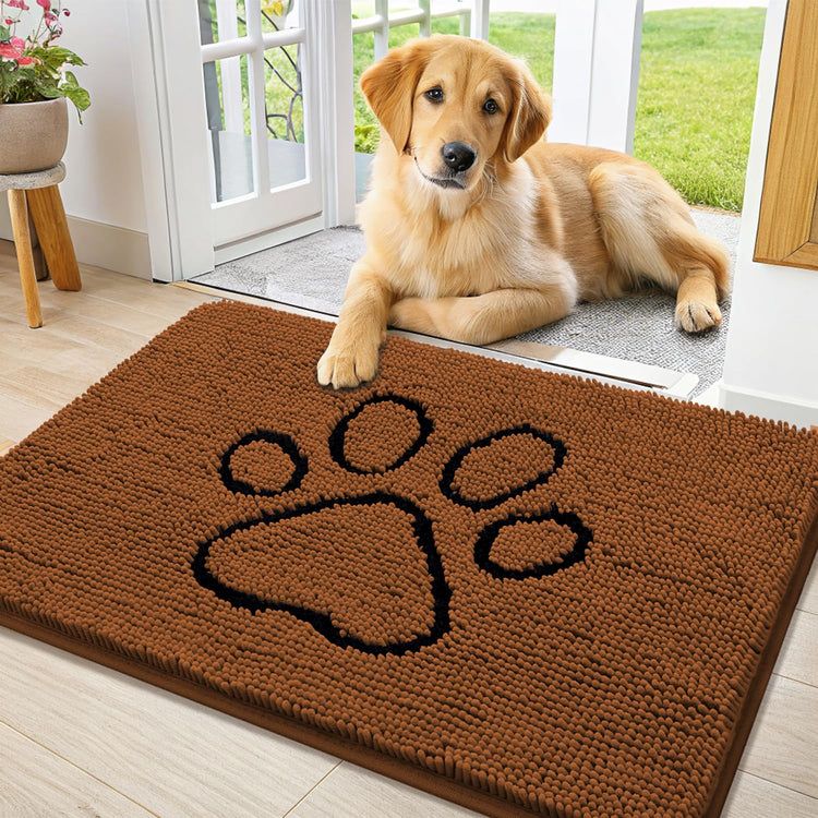 Smiry Dog Door Mat for Muddy Paws, Absorbent Dirt Trapper Non Slip Quick Dry Washable Chenille Mat for Mud Dogs, Entry Rug for Indoor and Outdoor (30x20 Inches, Grey and Black)