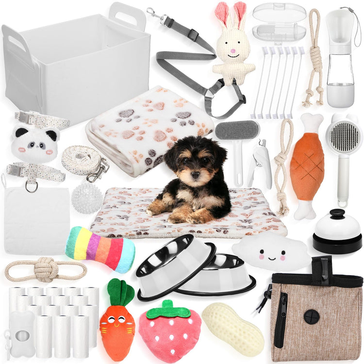 Abbylike 50 Pcs Puppy Supplies Starter Kit for Small Dogs Puppy Essentials Includes Leash, Bowls, Teeth Brushes, Water Bottle, and More Accessories for Dogs Pet Day Welcome Gift(Purple)