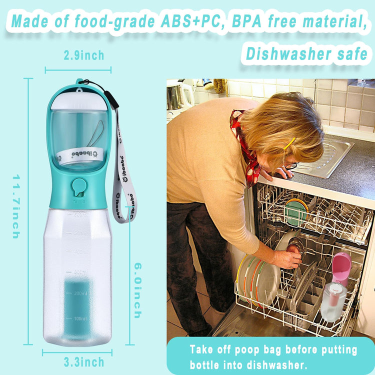 Cibaabo Dog Water Bottle with Food Container & Poop Bag Holder, Travel Water Bowl, Portable Pet Dispenser, Dog Gifts Stuff Accessories Items, Puppy Essentials for Yorkie Chihuahua Walking Hiking