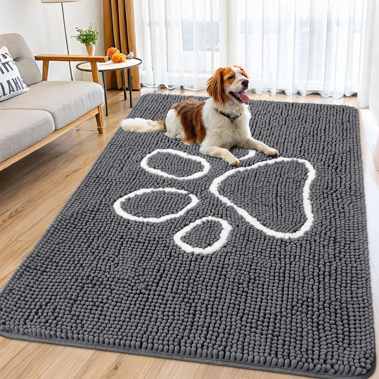 Smiry Dog Door Mat for Muddy Paws, Absorbent Dirt Trapper Non Slip Quick Dry Washable Chenille Mat for Mud Dogs, Entry Rug for Indoor and Outdoor (30x20 Inches, Grey and Black)