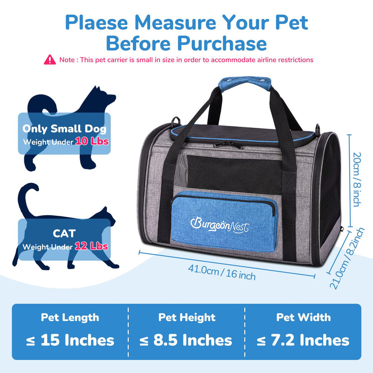 BurgeonNest Cat Carrier for Large Cats 20 lbs, Soft-Sided Pet Carrier for Small Dogs Medium Puppy Under 25 lbs, Puppy Travel Bag with Big Storage Bag, 4 Ventilated Windows, 3 Doors