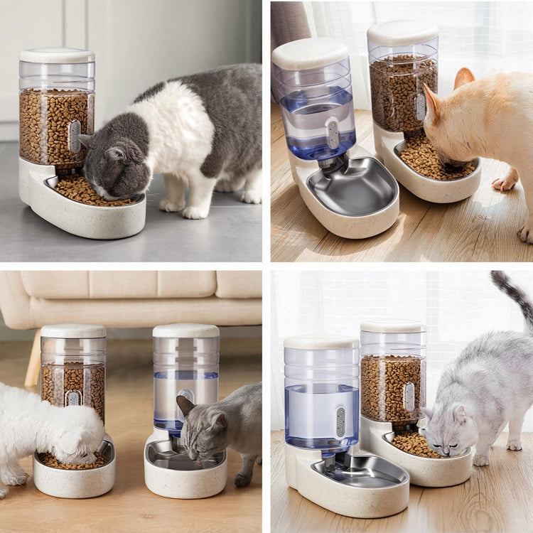 Kacoomi Automatic Dog Cat Feeder and Water Dispenser Gravity Food Feeder and Waterer Set with Pet Food Bowl for Small Medium Dog Puppy Kitten, Large Capacity 1 Gallon x 2