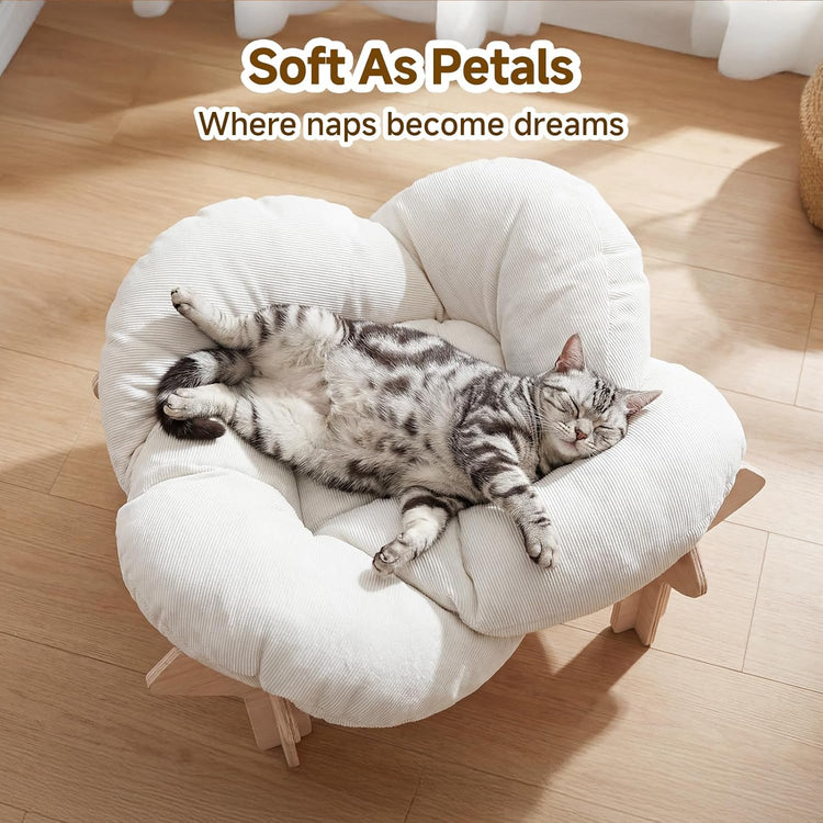 Pet Bed，Large Flower-Shaped Pet Bed for Cats & Small Dogs - Solid Wood Base, Modern Luxury High-Leg Pet Sofa with Removable Mattress, Indoor Lounge, Easy to Assemble, Space-Saving Design
