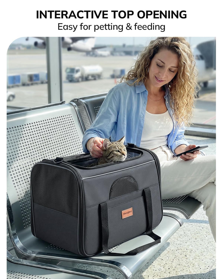 Morpilot Pet Carrier for Large Cats, Puppies & Small Dogs Up to 25lbs, Escape-Proof with Locking Zippers, Dual-Sided Cushion, Safety Buckle for Car & Vet Travel, Includes Foldable Bowl (Dark Gray)