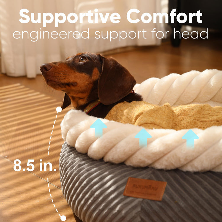 FUKUMARU Cat Bed, Calming Donut Dog Beds, Plush Faux Fur&Corduroy Kitten Beds, Cute Round Washable Pet Bed for Large Cats and Puppy, Cat Cave with Anti-Slip Bottom, 21inch, Camel