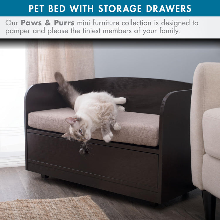 Paws & Purrs Cat Sofa Bed with Storage Drawer, Espresso Finish, 31.5″ x 15.75″ x 19.25″ | 3″ Foam Cushion with Washable Cover | Fits Dogs and Pets up to 50 lb
