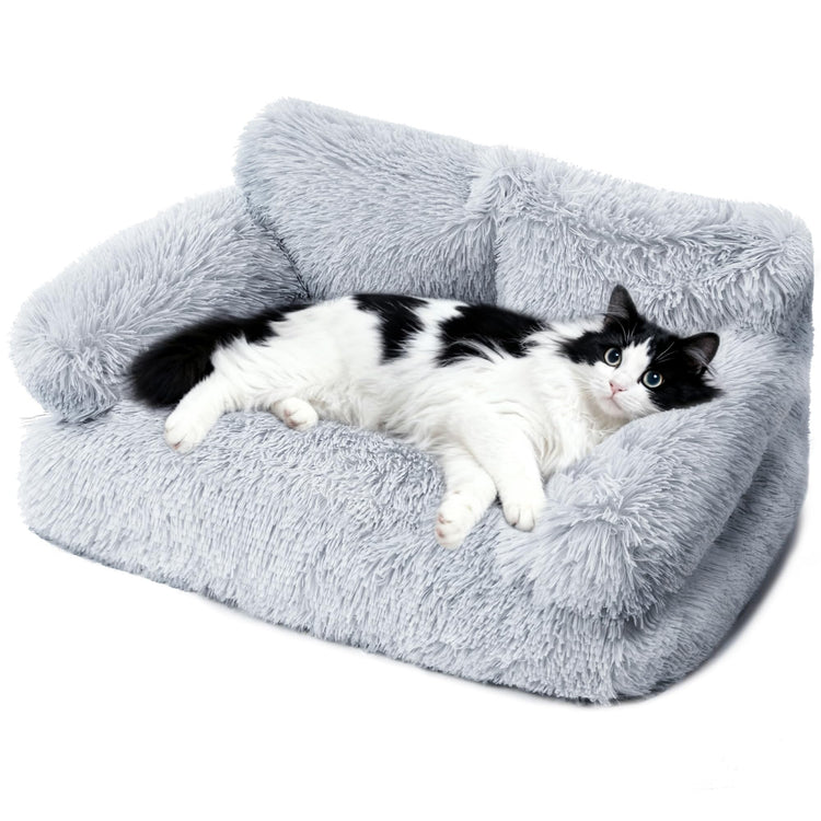 Large Cat Beds for Indoor Cats, Dog Couch Bed, Cute Cat Couch Sofas for Less 20lbs Kitten Puppy, Small Dog Sofas & Chairs with Removable Washable Cover, Soft Warm Pet Furniture, Cream