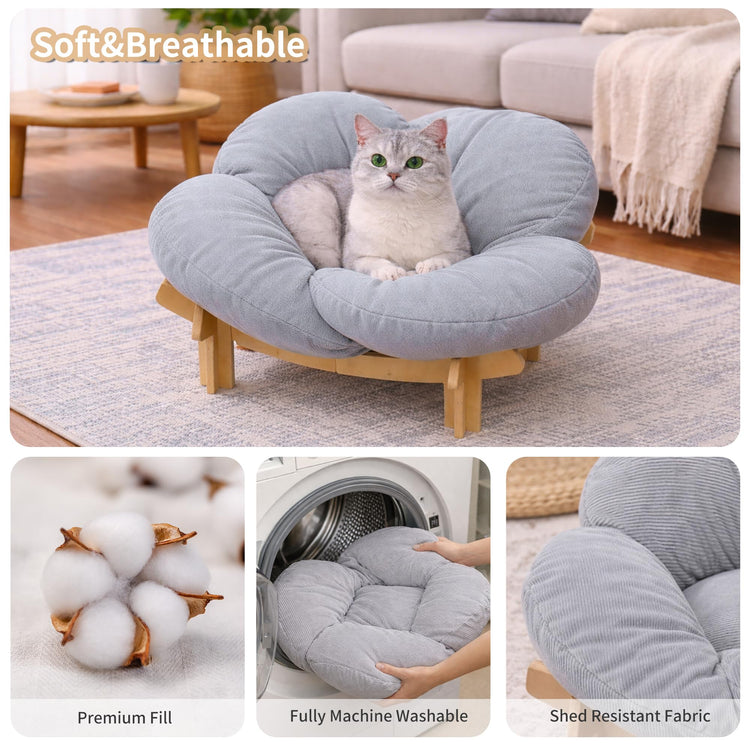 Elevated Wooden Cat Bed with Fluffy Removable Cushion, Modern Petal Shaped Cat Couch Sofa for Indoor Cats Small Dogs 40lbs Capacity Easy to Assemble (White)