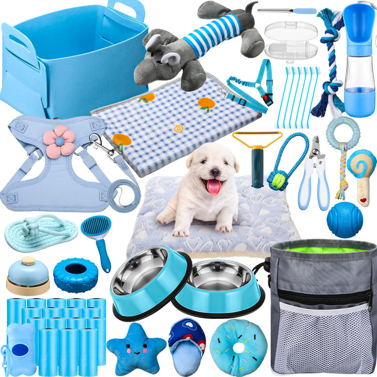 Abbylike 50 Pcs Puppy Supplies Starter Kit for Small Dogs Puppy Essentials Includes Leash, Bowls, Teeth Brushes, Water Bottle, and More Accessories for Dogs Pet Day Welcome Gift(Purple)