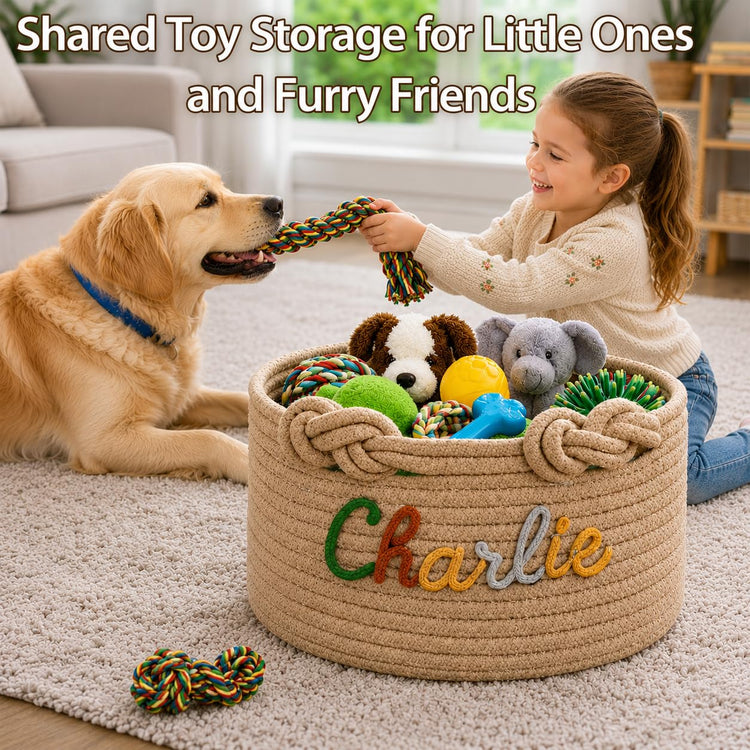 Personalized Dog Toy Basket with Name, Custom Puppy & Kitten Toy Storage Bins, Personalized Cute Handmade Cotton Rope Organizer for Snacks, Pet Supplies, Birthday Gifts Basket for Pets (A1)