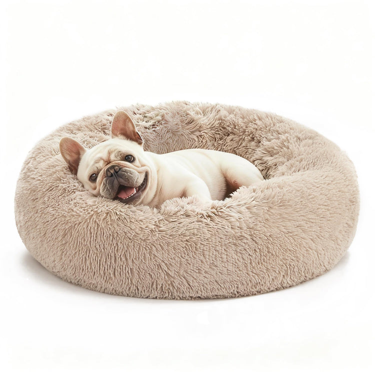 Love's cabin Calming Dog & Cat Bed, Cat Bed for Indoor Cats, Anti-Anxiety Donut Round Bed, Fluffy Warming Pet Bed for Small Medium Dogs and Cats, Beige Taupe 20"/24"