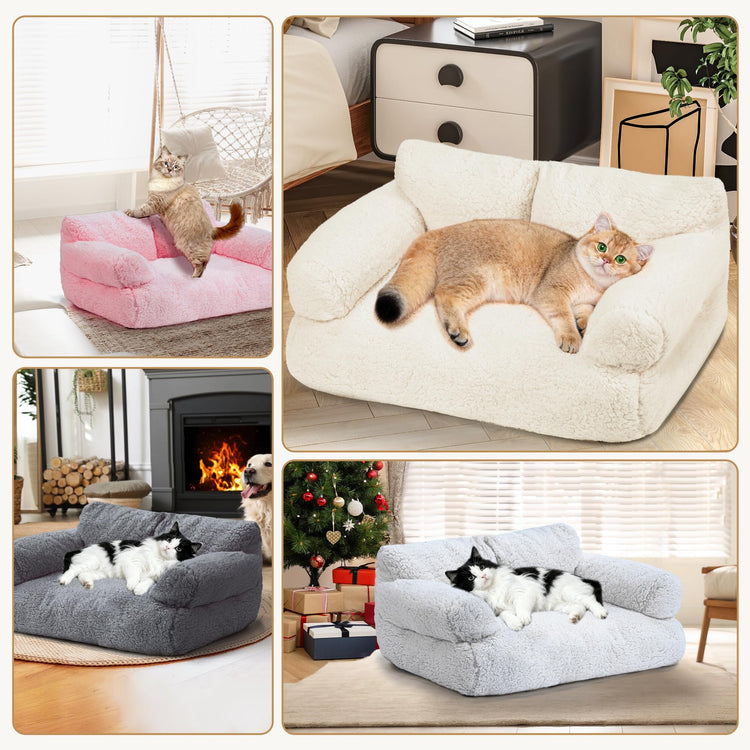 Large Cat Beds for Indoor Cats, Dog Couch Bed, Cute Cat Couch Sofas for Less 20lbs Kitten Puppy, Small Dog Sofas & Chairs with Removable Washable Cover, Soft Warm Pet Furniture, Cream