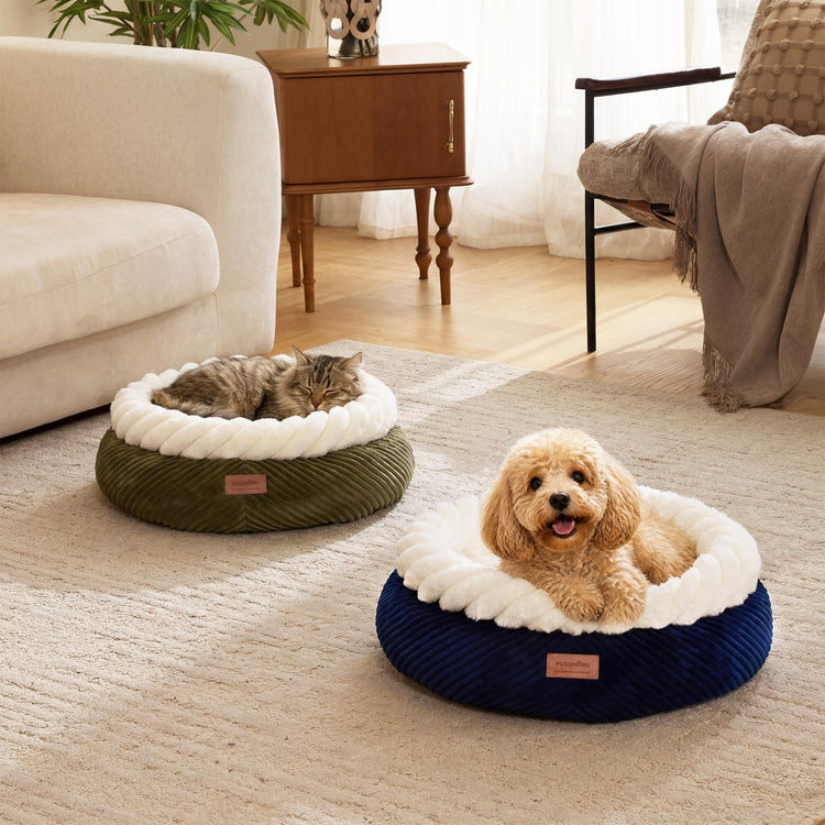 FUKUMARU Cat Bed, Calming Donut Dog Beds, Plush Faux Fur&Corduroy Kitten Beds, Cute Round Washable Pet Bed for Large Cats and Puppy, Cat Cave with Anti-Slip Bottom, 21inch, Camel