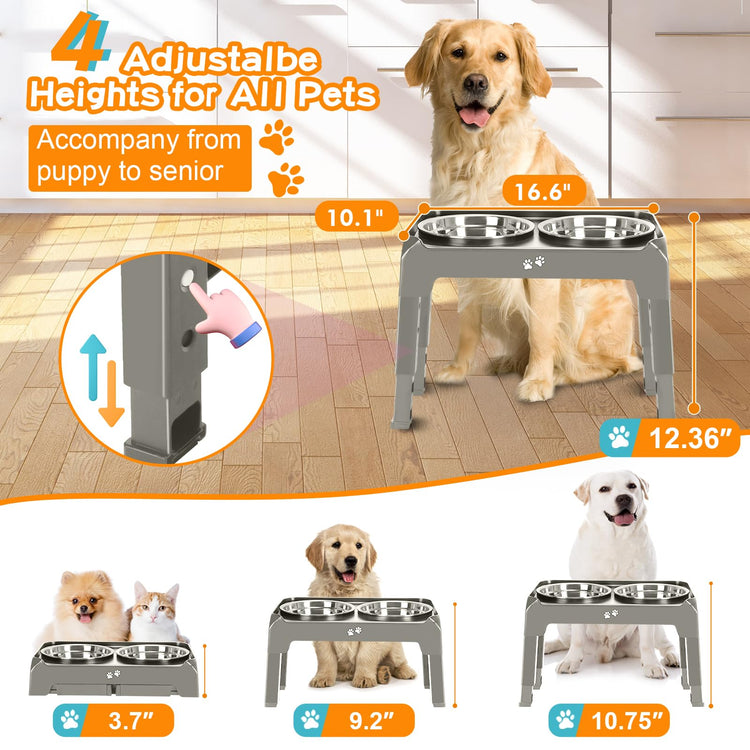 COMESOON Elevated Dog Bowls, 4 Height Adjustable Raised Bowl Stand with 2 Thick 50oz Stainless Steel Food Bowls Non-Slip Feeder Adjusts to 3.7'', 9.2'', 10.75'', 12.36'' Black, (DB-W01)