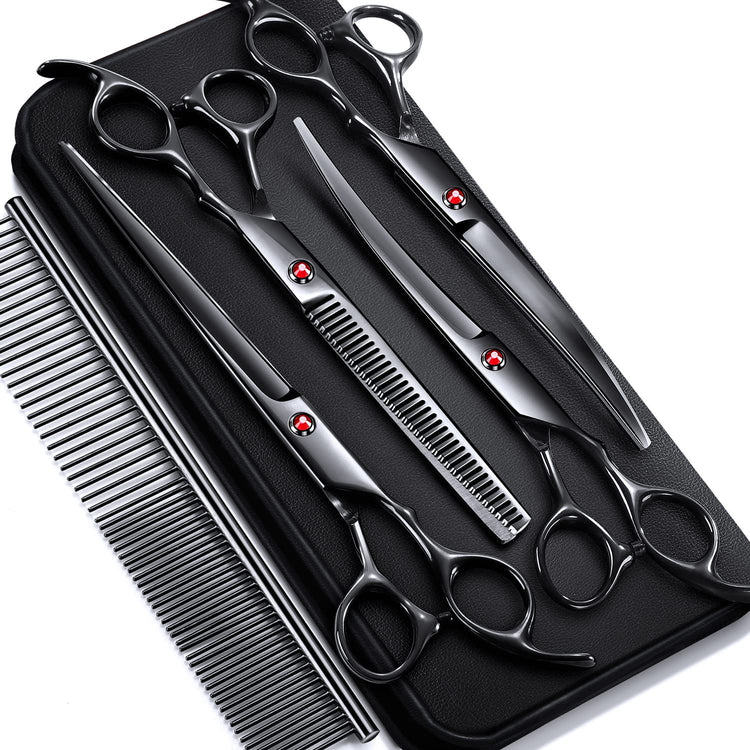 Gimars Titanium Coated Professional 6 in 1 4CR Stainless Steel Dog Grooming Scissors with Safety Round Tip, Heavy Duty Pet Grooming Scissor for Dogs, Cats and Other Animals