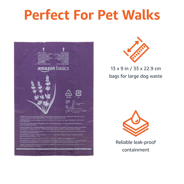 Amazon Basics Dog Poop Leak Proof Bags with Dispenser and Leash Clip, Unscented, 13" x 9" Large Size, 300 Count