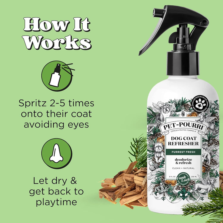 Poo-Pourri Furrest Fresh Dog Deodorizing Spray, 8 Fl Oz Grooming Perfume for Dog Coat, Pet Odor Neutralizer with Essential Oils, Vet Recommended, Paraben & Sulfate-Free Fir, Amber, & Cedarwood Scent