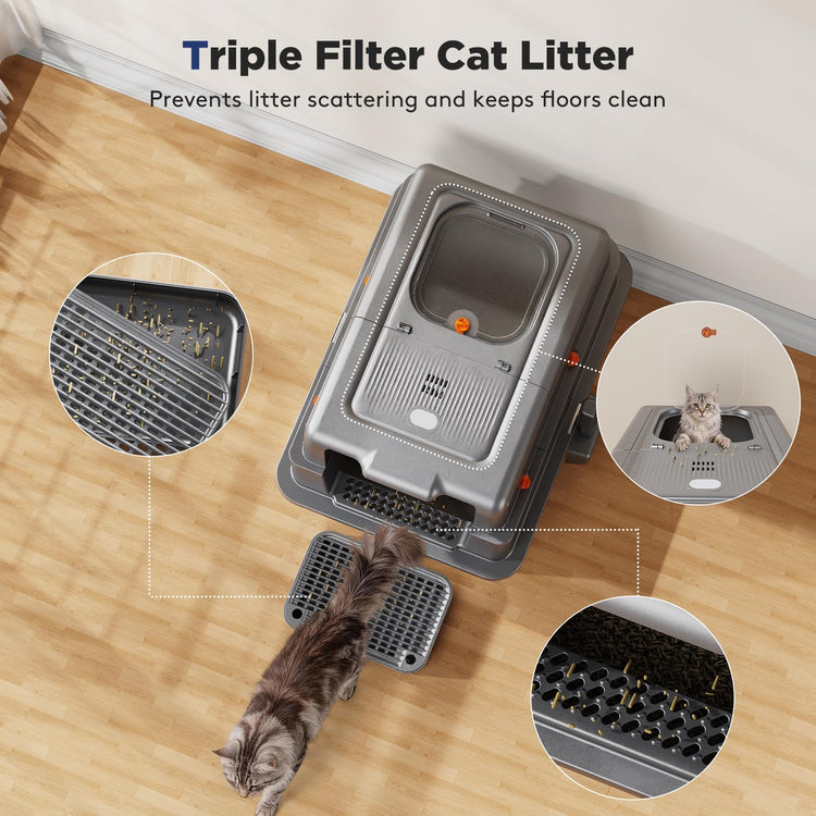 FURTIME Stainless Steel Litter Box with Lid, Large Enclosed Cat Litter Box for Big Cats, Metal Cat Box with High Sided Enclosure & Scoop, Front & Top Entry, Odor Free, Anti-Leakage, Grey