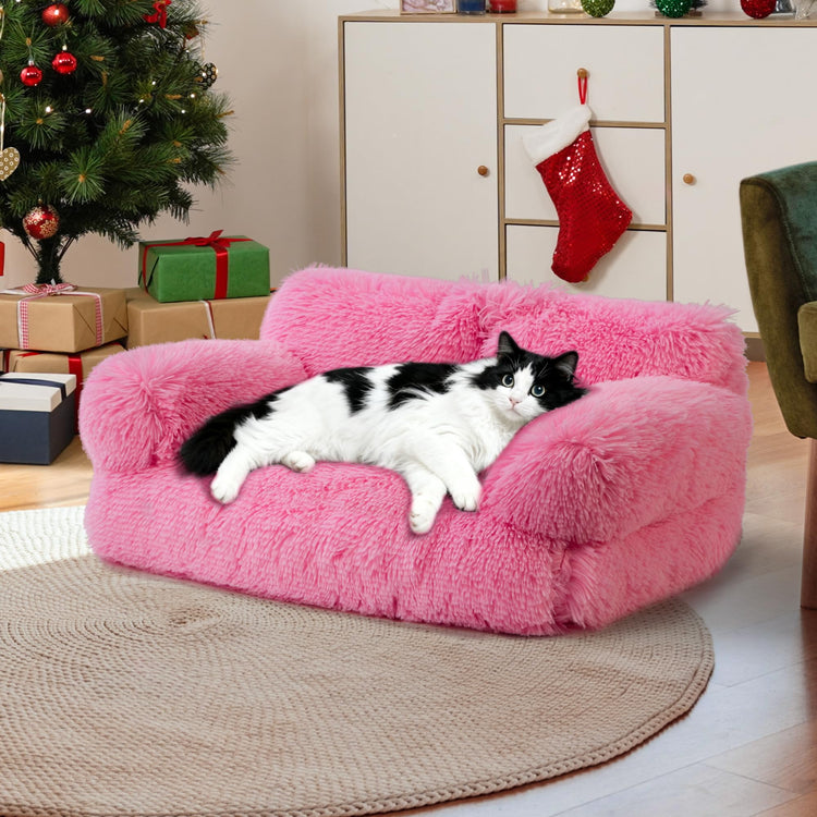 Large Cat Beds for Indoor Cats, Dog Couch Bed, Cute Cat Couch Sofas for Less 20lbs Kitten Puppy, Small Dog Sofas & Chairs with Removable Washable Cover, Soft Warm Pet Furniture, Cream