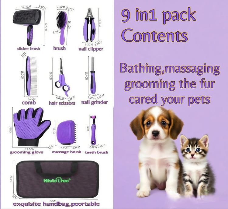 Pet Grooming Tools Kit-9 Packs Dog Cat Grooming Kit Dog Cat Grooming Supplies Dog Cat Brush Set Dog Nail Clippers and Cat Trimming Tools for Short and Long Hair Dog Cat Grooming (Purple)