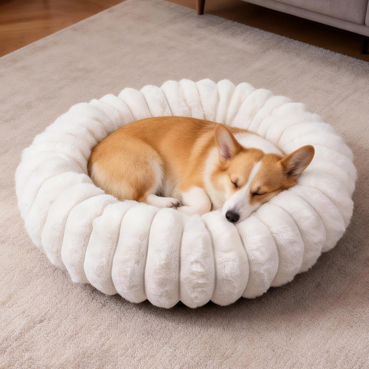Donut Dog and Cat Bed, Luxurious Comfortable Faux Rabbit Fur Pet Beds, Round Anti-Anxiety Calming Puppy Kitten Bed with Anti-Slip Bottom for Small Medium Dogs & Cats(28", White)