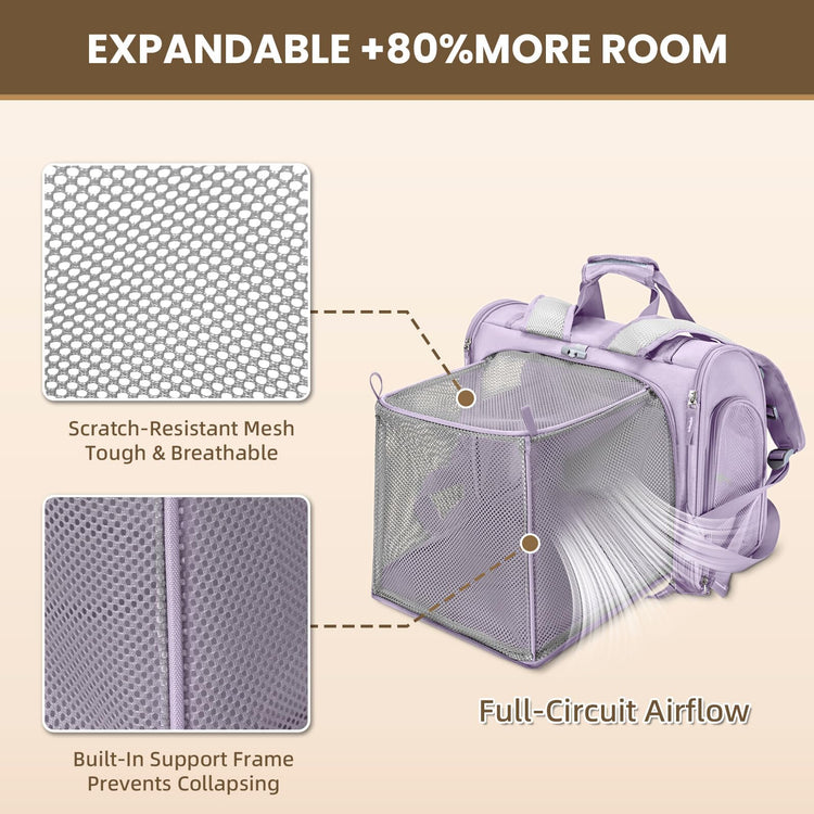 Lollimeow Expandable Cat Carrier Backpack for Large Cats - Airline Approved Pet Carrier Backpack for Small Dogs, Hiking & Travel, Waterproof with Breathable Mesh, 14lbs Capacity (Plum, Standard)