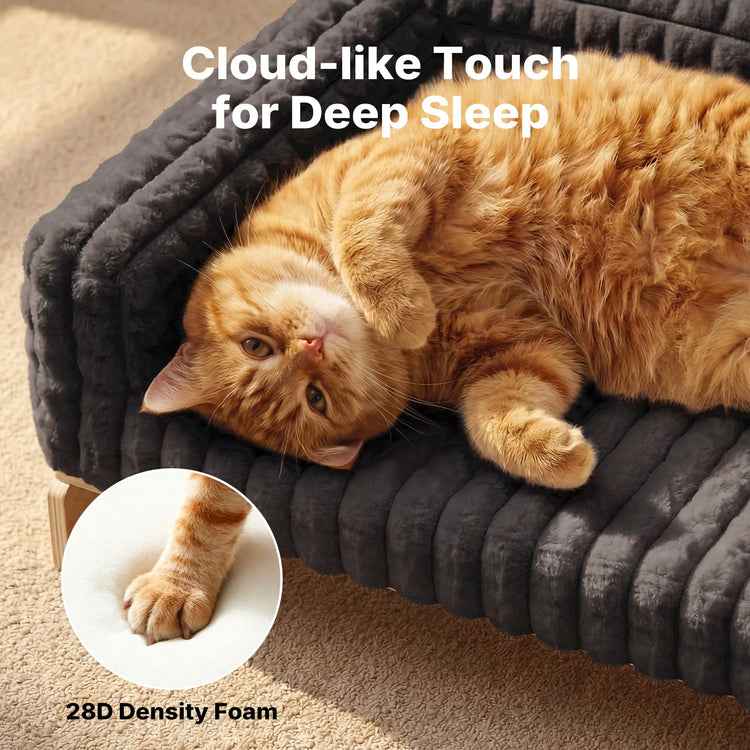 Veehoo Elevated Cat Bed Indoor, Wood Furniture Style Cat Couch Sofa with Removable Washable Cover, Cute & Fluffy Small Cats Bed Furniture for Home