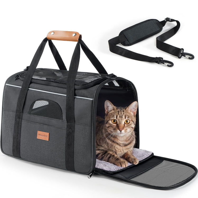 Morpilot Pet Carrier for Large Cats, Puppies & Small Dogs Up to 25lbs, Escape-Proof with Locking Zippers, Dual-Sided Cushion, Safety Buckle for Car & Vet Travel, Includes Foldable Bowl (Dark Gray)