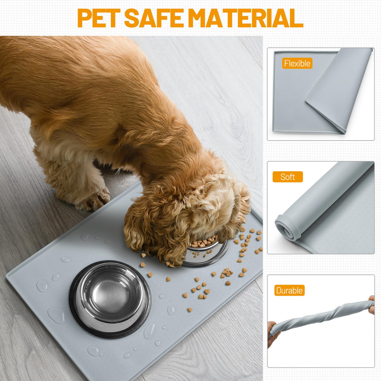 Hubulk Dog Feeding Mat,100% Waterproof Food Grade Silicone Pet Food and Water Bowl Placemat,Dishwasher, High Raised Edge to Prevent Spills,Nonslip Tray to Stop Messes on Floor (19"x12"x0.5", Grey)
