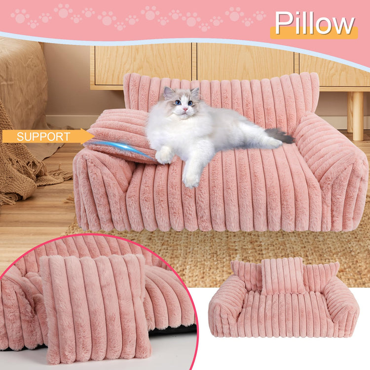 Cute Cat Couch Bed for Indoor Cats, Fluffy Pet Cat Sofa with Premium Soft Corduroy Fleece, Cute Small Dog Beds for Small Dogs, Fuzzy Puppy Chair with Removable Washable Cover (24x18x10,Grey)