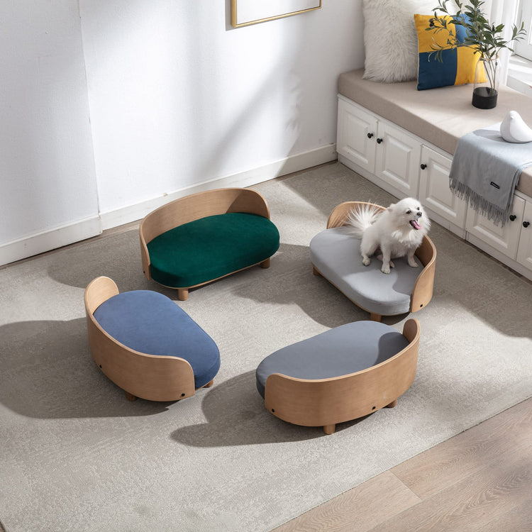 HomSof 26.38" Scandinavian Style Elevated Dog Cat Bed Pet Sofa with Solid Wood Legs and Bent Wood Back with Velvet Cushion,Small Size，Navy+Brown