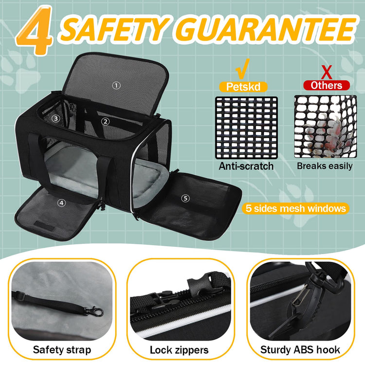 Petskd Pet Carrier 17x11x9.5 Alaska Airline Approved,Pet Travel Carrier Bag for Small Cats and Dogs, Soft Dog Carrier for 1-10 LBS Pets,Dog Cat Carrier with Safety Lock Zipper(Black)